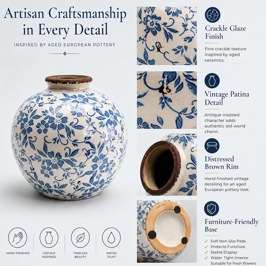 Vintage Blue and White Floral Ceramic Vase – 8 Inch