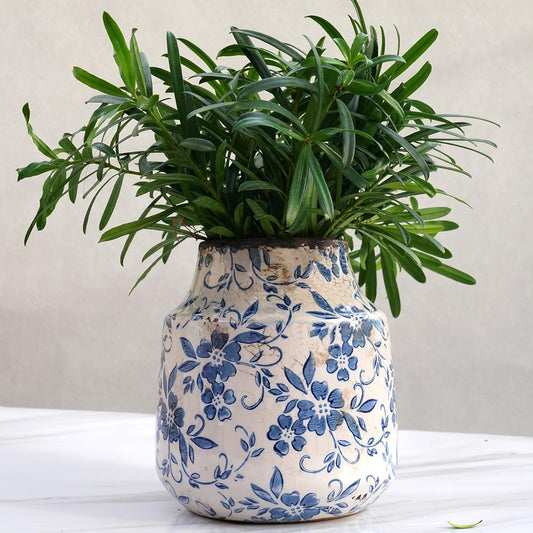 Vintage Blue and White Floral Ceramic Vase – 7 Inch