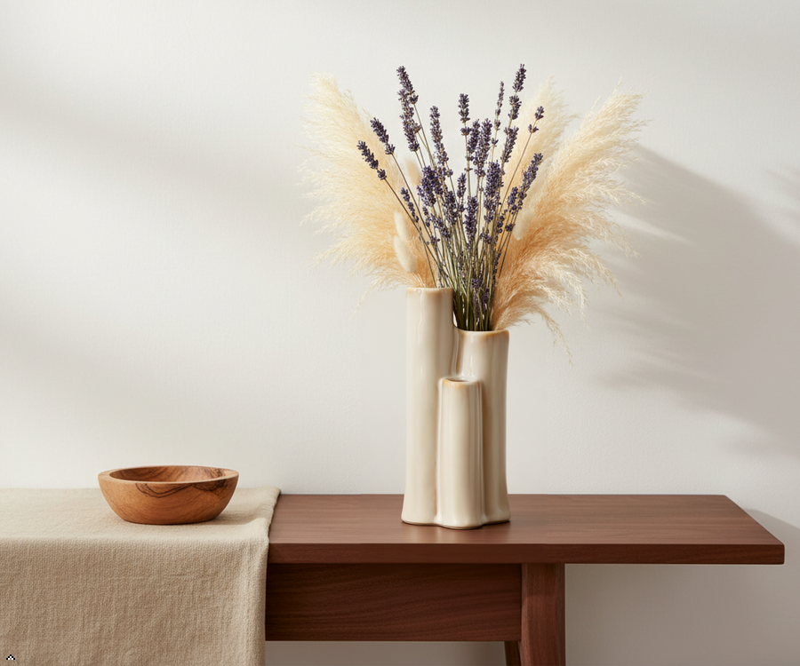 Modern Ceramic Bud Vase – Minimalist Triple Tube Flower Vase for Fresh & Dried Arrangements, Small Decorative Vase for Shelf, Bathroom & Table