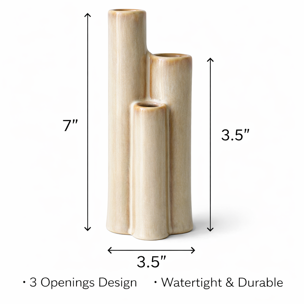 Modern Ceramic Bud Vase – Minimalist Triple Tube Flower Vase for Fresh & Dried Arrangements, Small Decorative Vase for Shelf, Bathroom & Table
