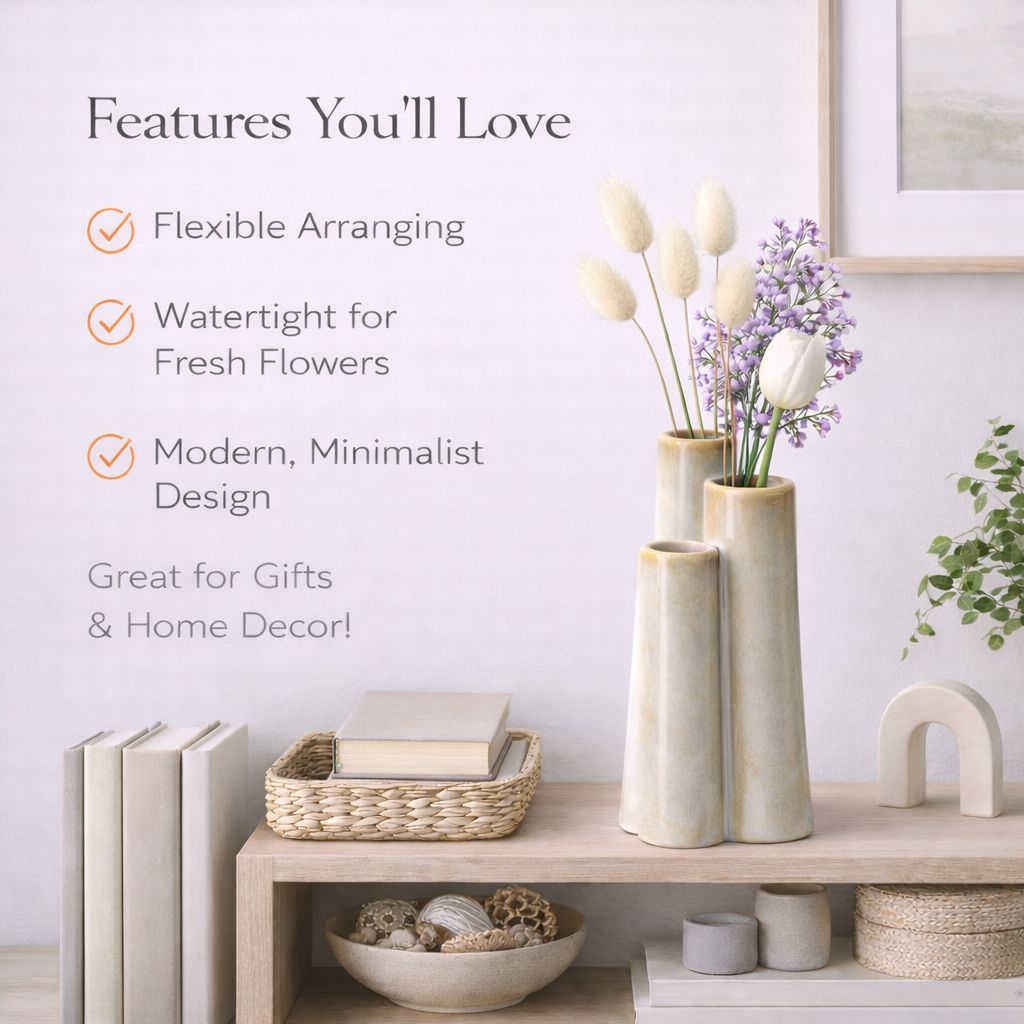 Modern Ceramic Bud Vase – Minimalist Triple Tube Flower Vase for Fresh & Dried Arrangements, Small Decorative Vase for Shelf, Bathroom & Table