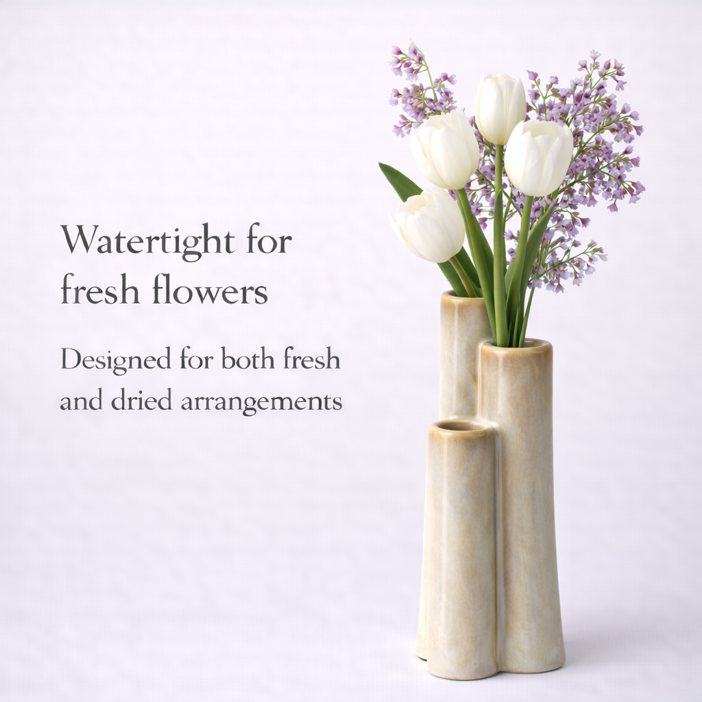 Modern Ceramic Bud Vase – Minimalist Triple Tube Flower Vase for Fresh & Dried Arrangements, Small Decorative Vase for Shelf, Bathroom & Table