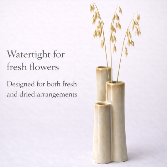 Modern Ceramic Bud Vase – Minimalist Triple Tube Flower Vase for Fresh & Dried Arrangements, Small Decorative Vase for Shelf, Bathroom & Table