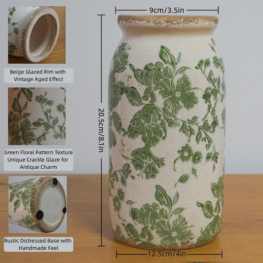 Vintage Green Floral Ceramic Vase – 8 Inch