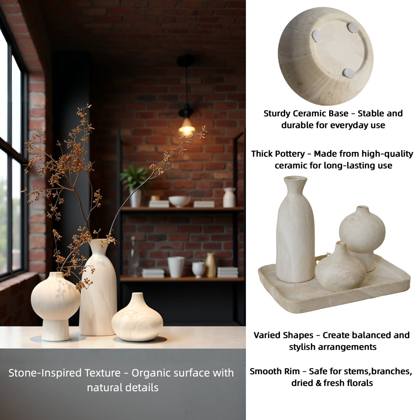 Modern Ceramic Vase Set of 3 for Home Decor – Minimalist Decorative Vases for Living Room, Shelf & Table